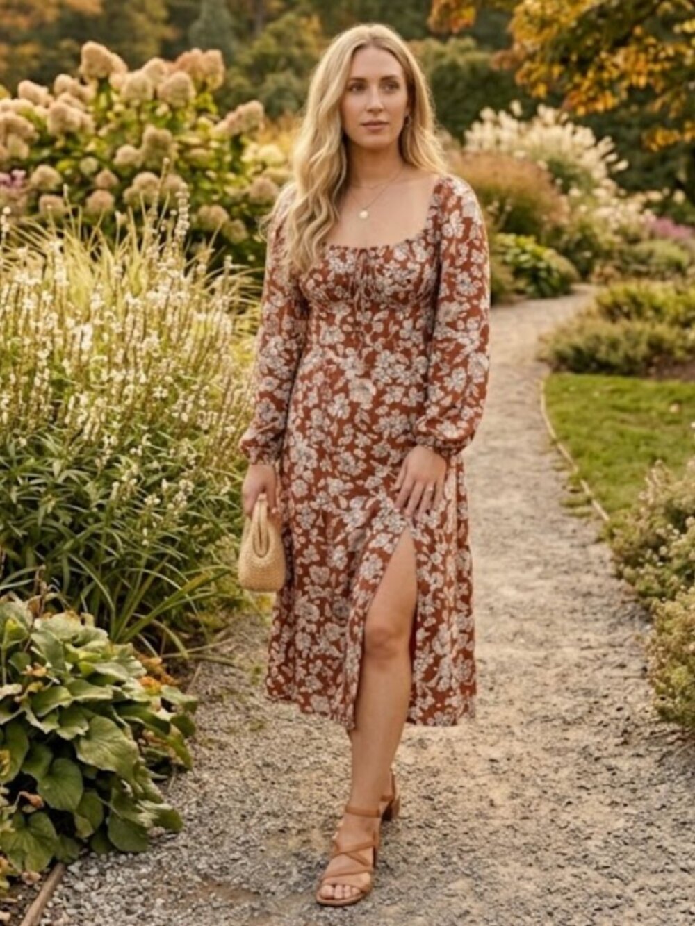 Altar’d State | Floral Long Sleeve Midi Dress in Mahogany Brown | Size Small